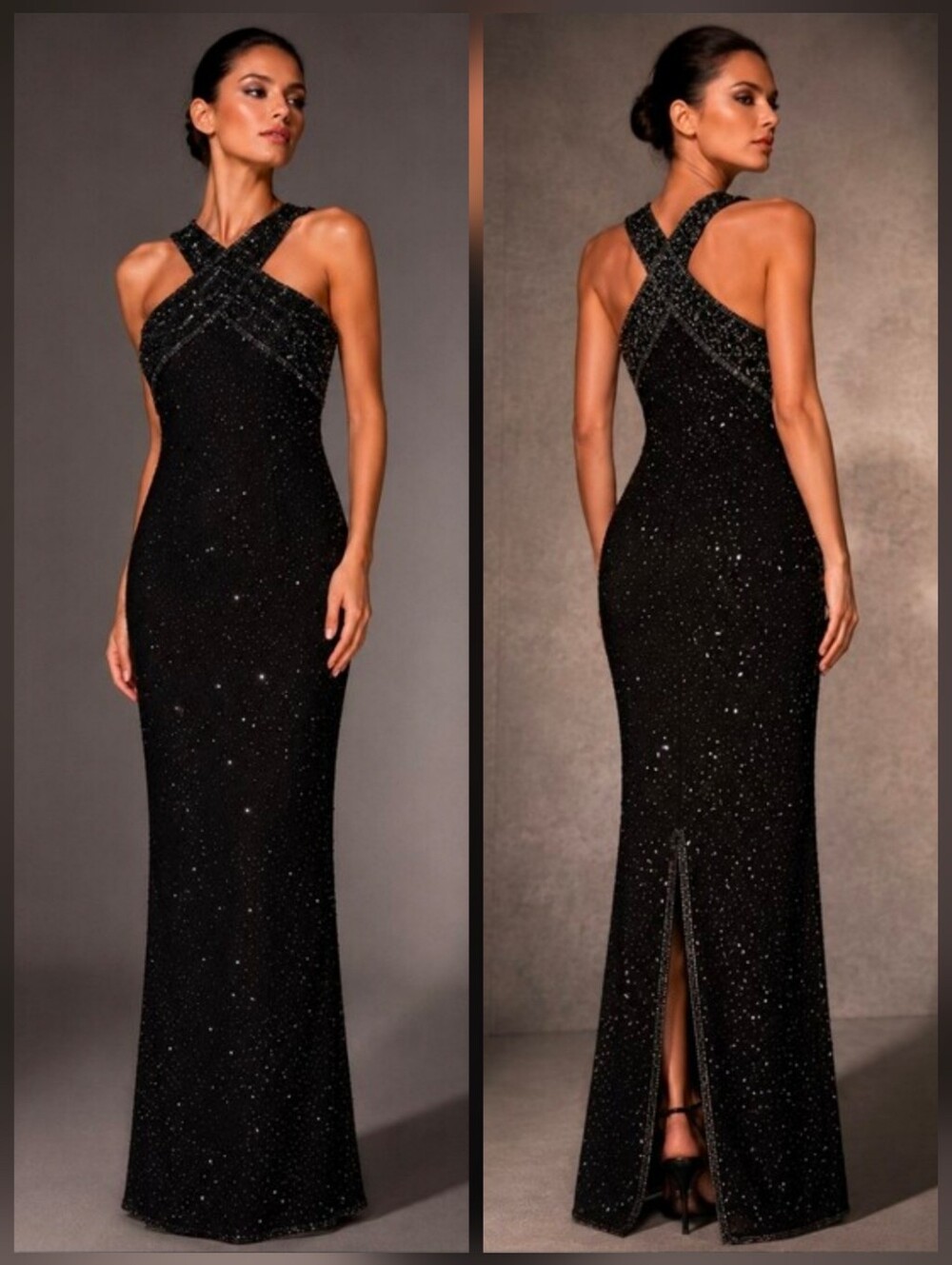 Stenay Black Beaded Crisscross Halter Maxi Dress